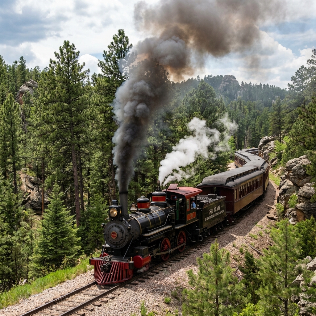 Steam train in Black Hills forest