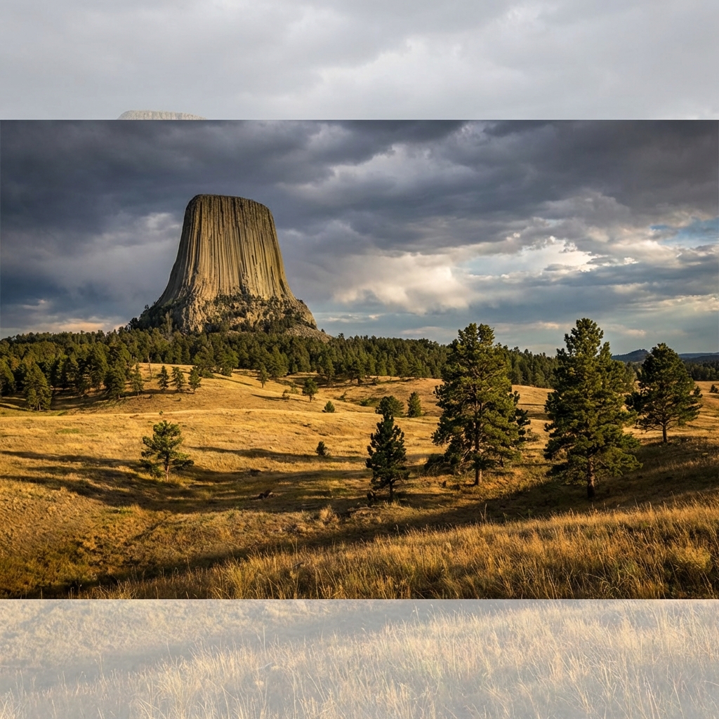 Devils Tower rising from prairie